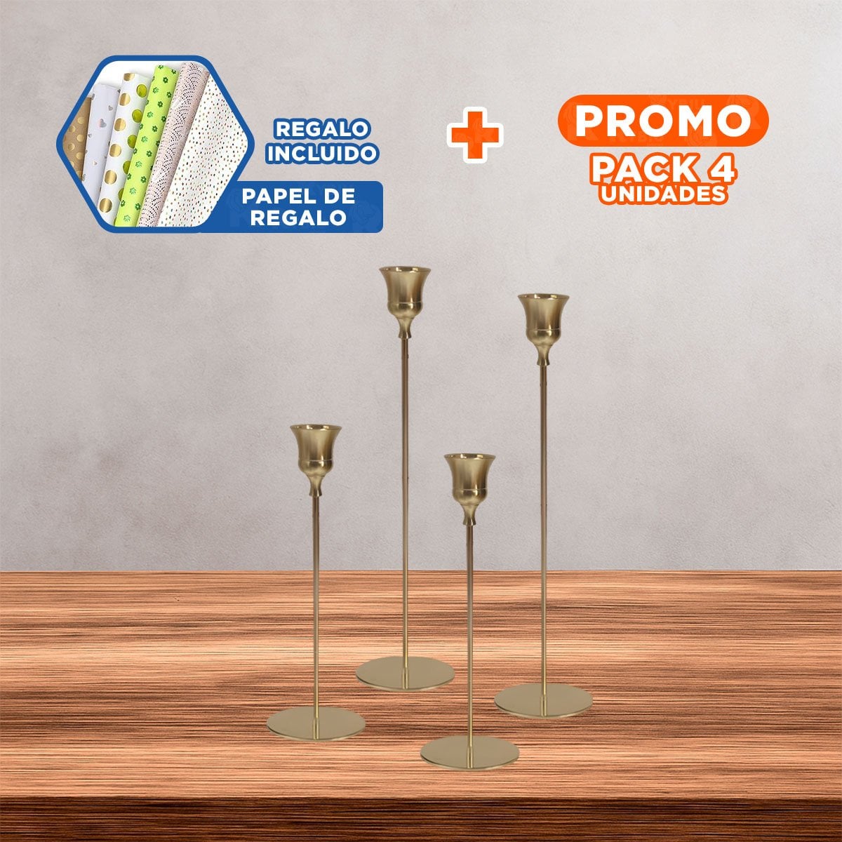 PACK4 COMPLEMENTO DECORATIVO METALICO PARA VELAS EN AMBIENTES DEL HOGAR Y+PAPEL REGALO - 1