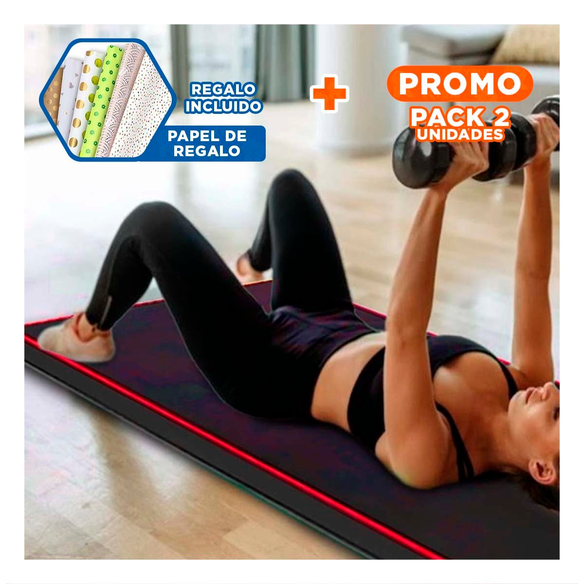 PACK2 ALFOMBRA ACOLCHADA NEGRA TALLA L 1.5 M AMARILLO PARA YOGA Y+PAPEL REGALO - 1
