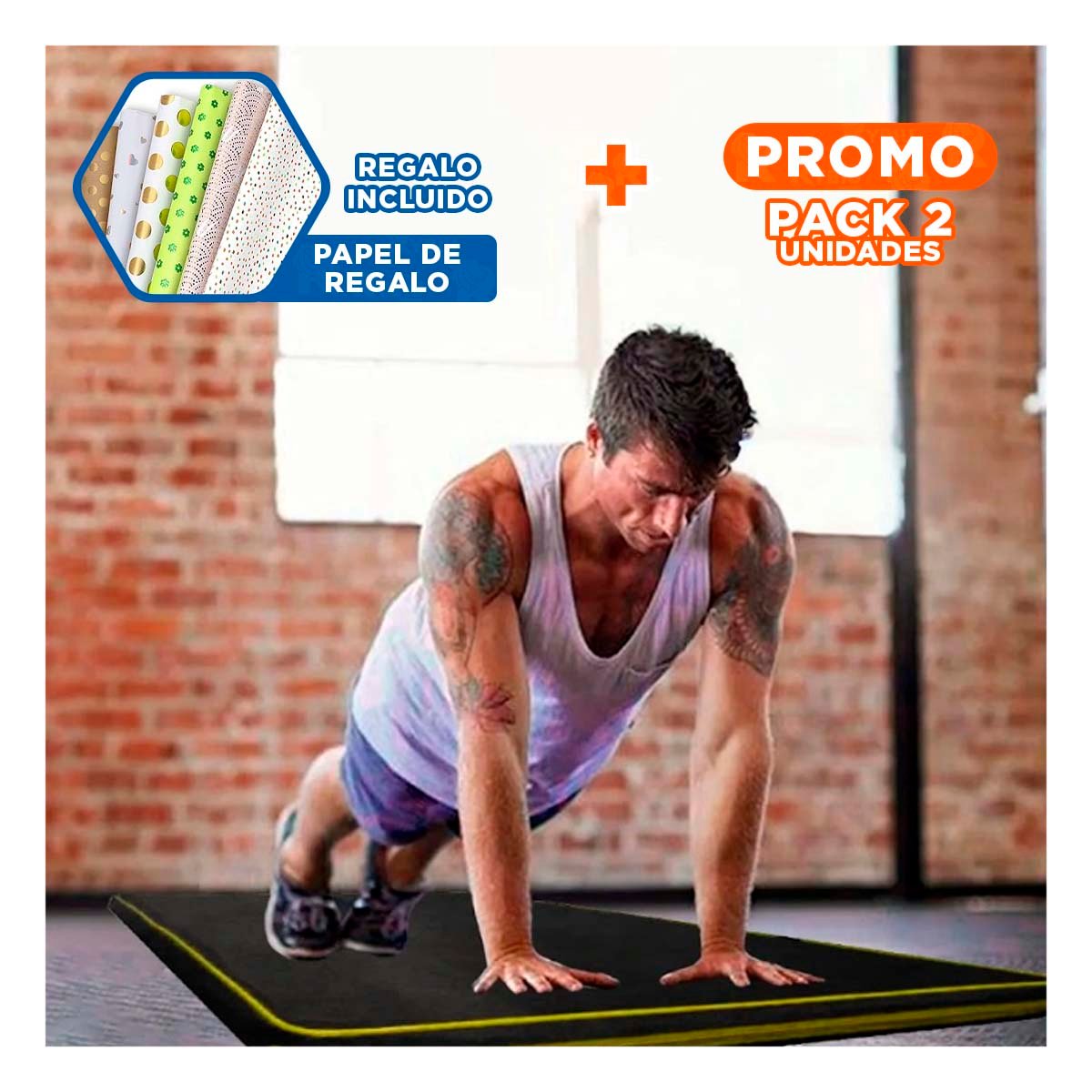 PACK2 ALFOMBRA ACOLCHADA NEGRA TALLA L 1.5 M AMARILLO PARA YOGA Y+PAPEL REGALO - 1