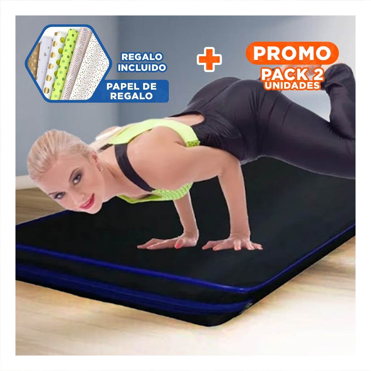 PACK2 ALFOMBRA ACOLCHADA NEGRA TALLA L 1.5 M AMARILLO PARA YOGA Y+PAPEL REGALO - 1