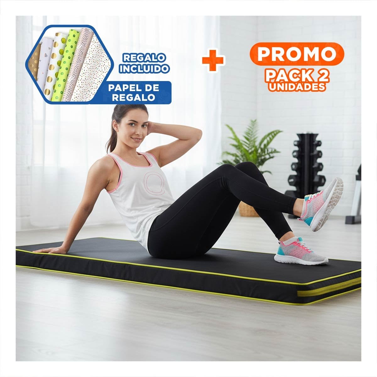 PACK2 ALFOMBRA ACOLCHADA NEGRA TALLA L 1.5 M AMARILLO PARA YOGA Y+PAPEL REGALO - 1