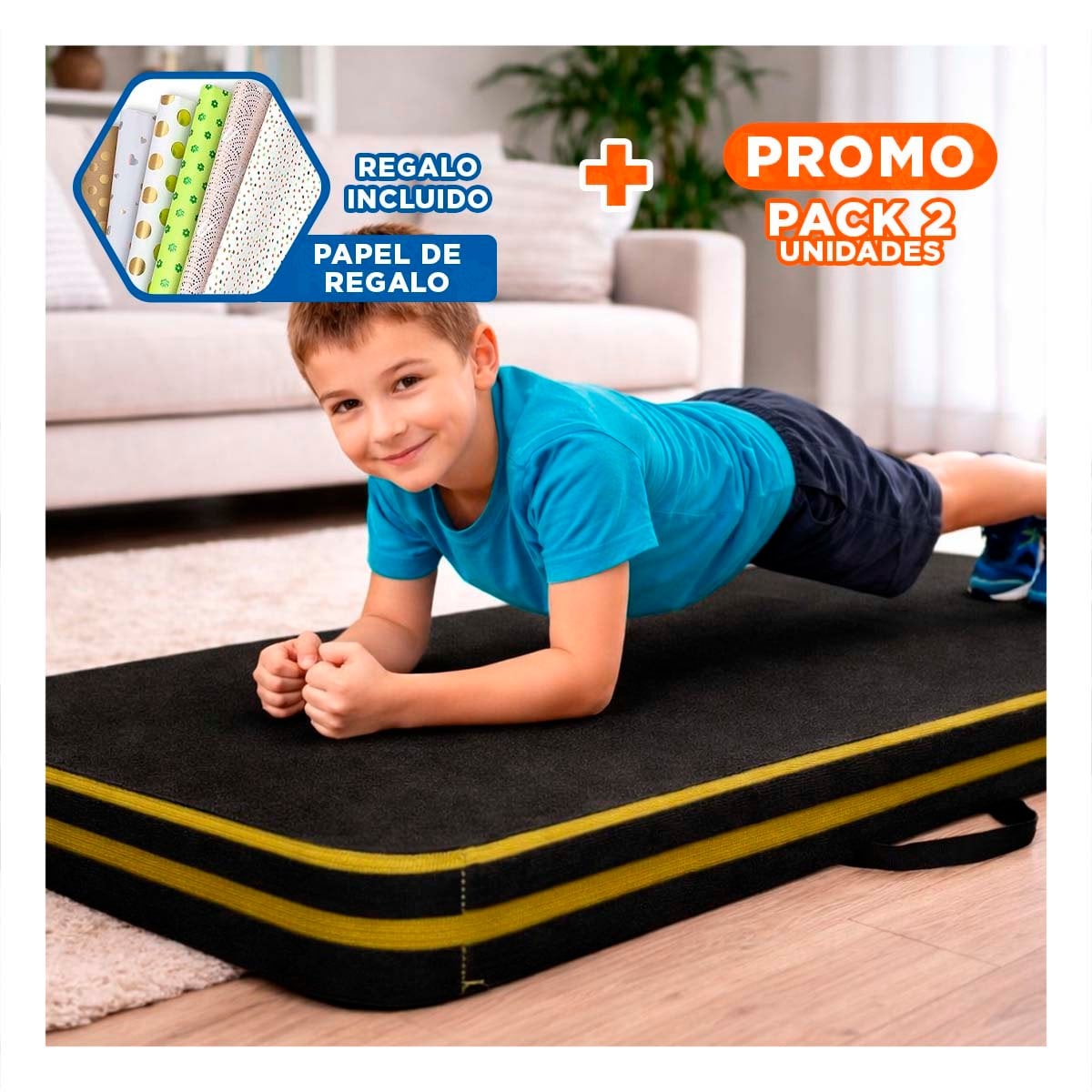 PACK2 ALFOMBRA ACOLCHADA NEGRA TALLA L 1.5 M AMARILLO PARA YOGA Y+PAPEL REGALO - 1