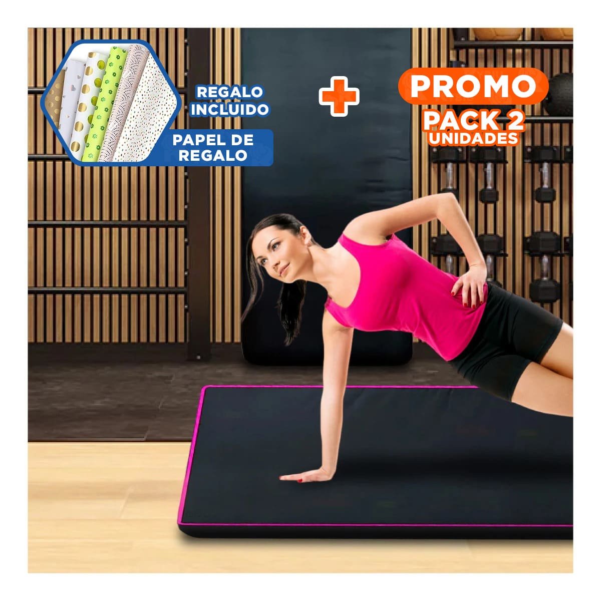 PACK2 ALFOMBRA ACOLCHADA NEGRA TALLA L 1.5 M AMARILLO PARA YOGA Y+PAPEL REGALO - 1