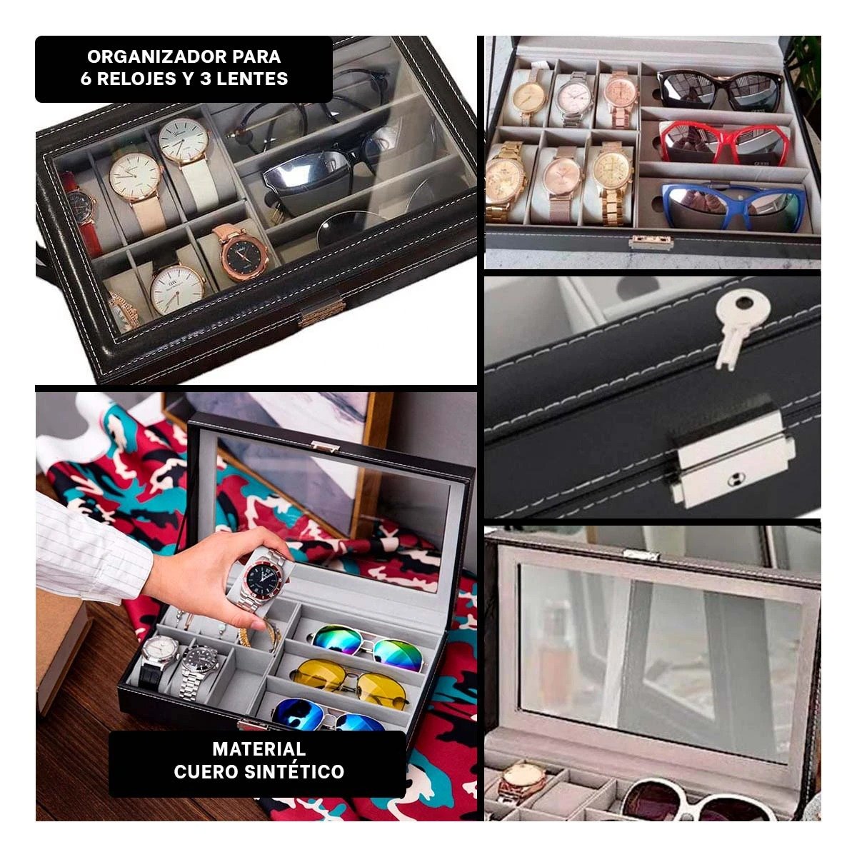 PACK6 CAJA PARA 6 RELOJES Y 3 LENTES NEGRO PARA ACCESORIOS PERSONALES Y+PAPEL REGALO - 3