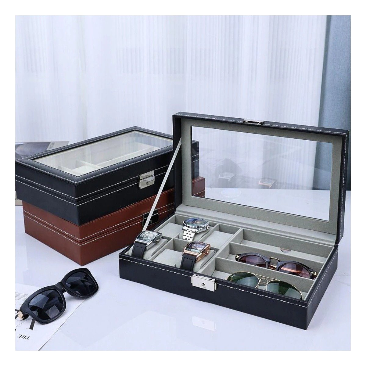 PACK4 ESTUCHE ORGANIZADOR PARA 6 RELOJES Y 3 LENTES NEGRO MULTIUSO Y+PAPEL REGALO - 1
