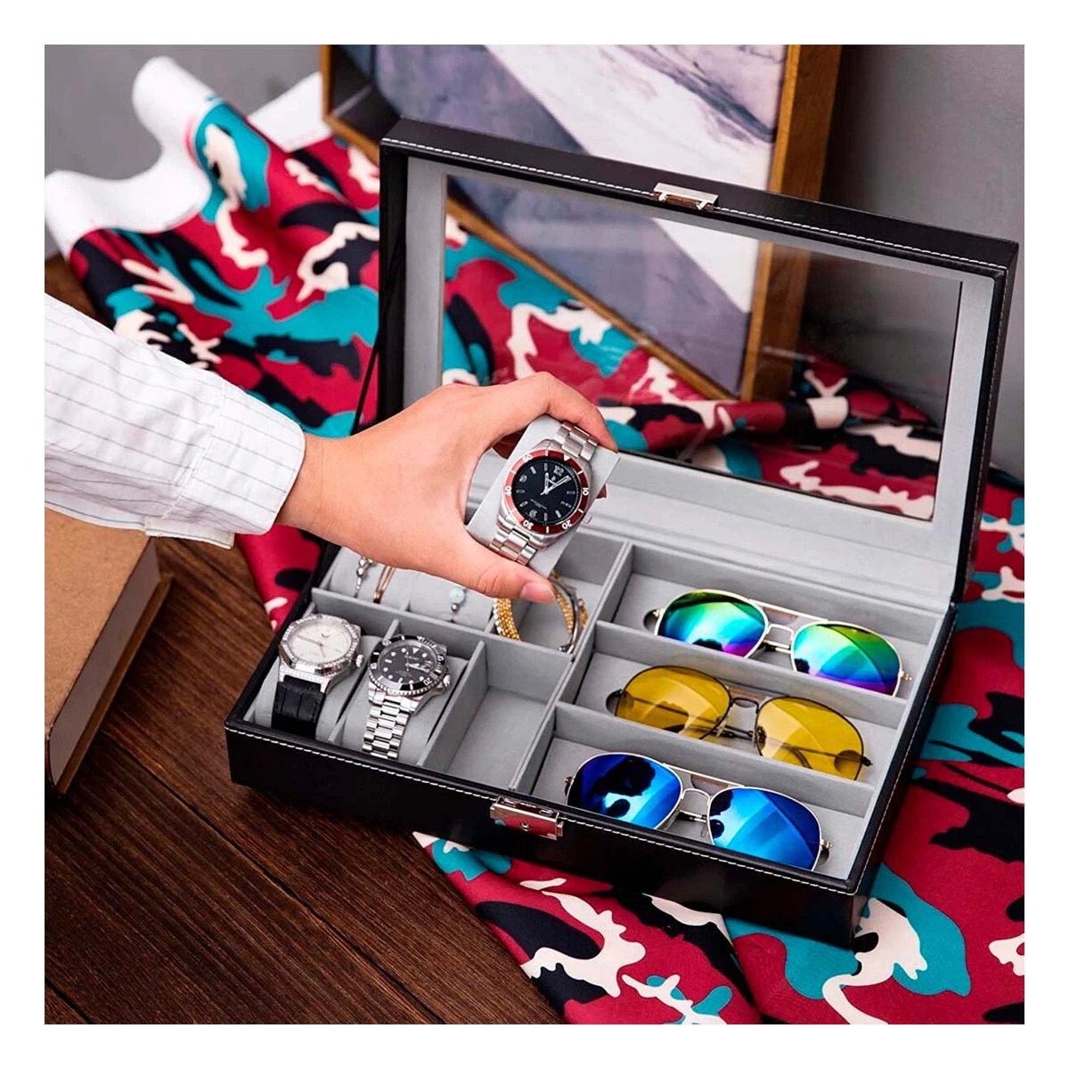PACK4 ESTUCHE ORGANIZADOR PARA 6 RELOJES Y 3 LENTES NEGRO MULTIUSO Y+PAPEL REGALO - 2
