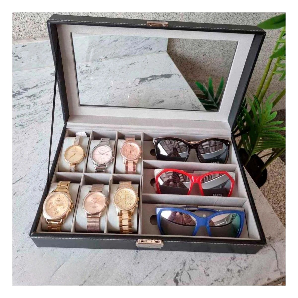 PACK4 ESTUCHE ORGANIZADOR PARA 6 RELOJES Y 3 LENTES NEGRO MULTIUSO Y+PAPEL REGALO - 5