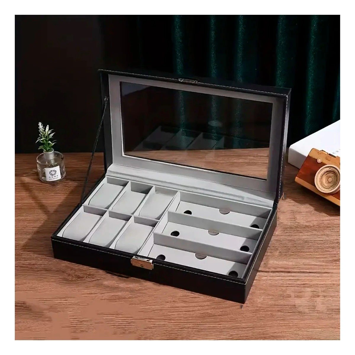 PACK4 CAJA PARA 6 RELOJES Y 3 LENTES NEGRO COMPACTA PARA HOGAR - 3