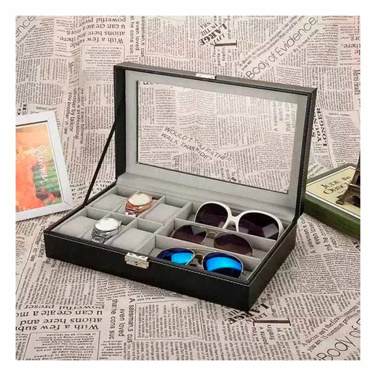 PACK4 CAJA PARA 6 RELOJES Y 3 LENTES NEGRO COMPACTA PARA HOGAR - 5