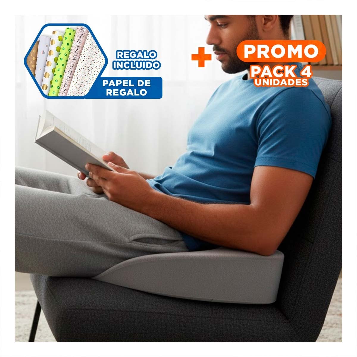 PACK4 ALMOHADA PARA SILLA ORTOPEDICA CON GEL BLANCO FUNDA PLOMO Y+PAPEL REGALO - 1