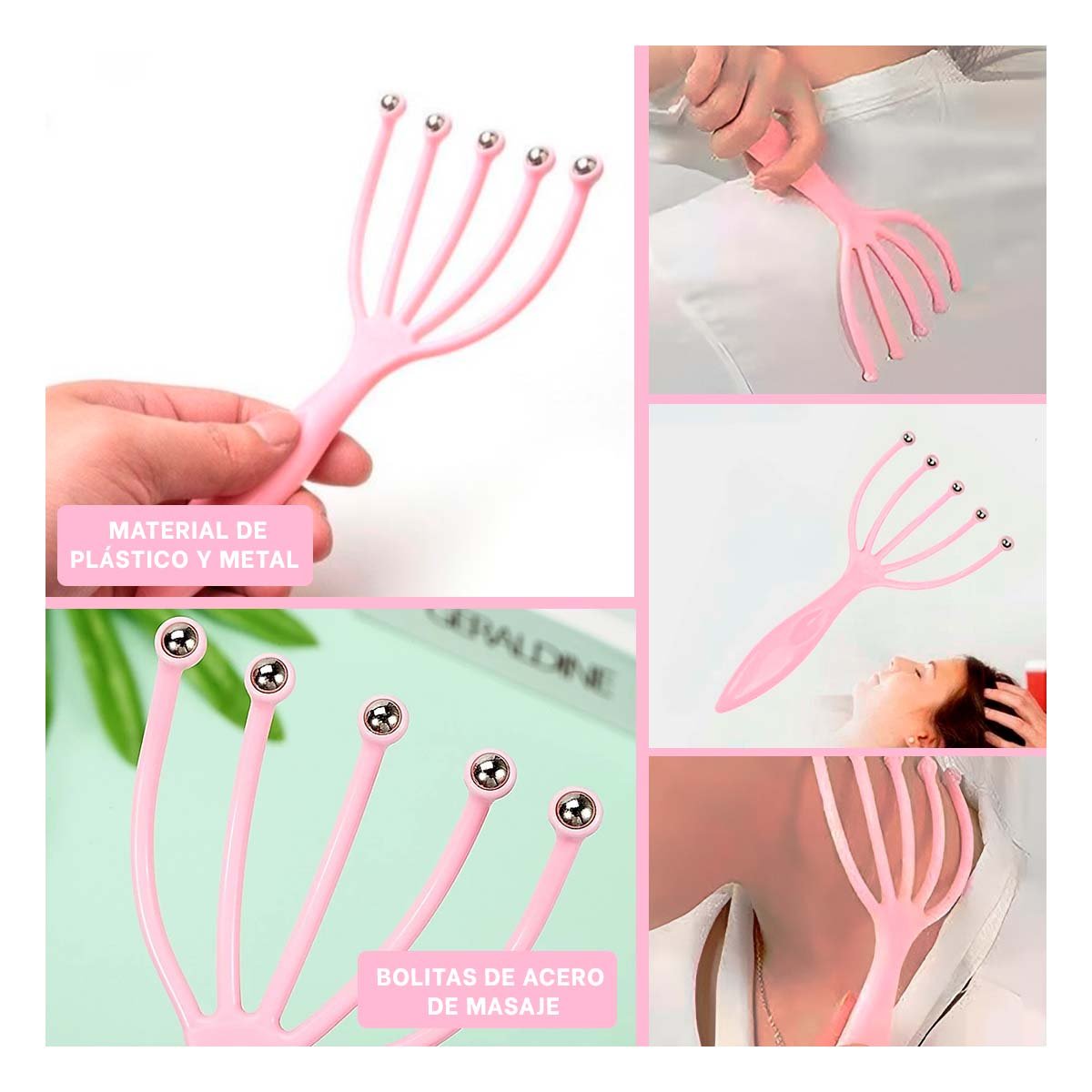 MASAJEADOR RELAJANTE DE CABEZA 4 GARRAS ROSADO Y+LIGAS REGALO - 5