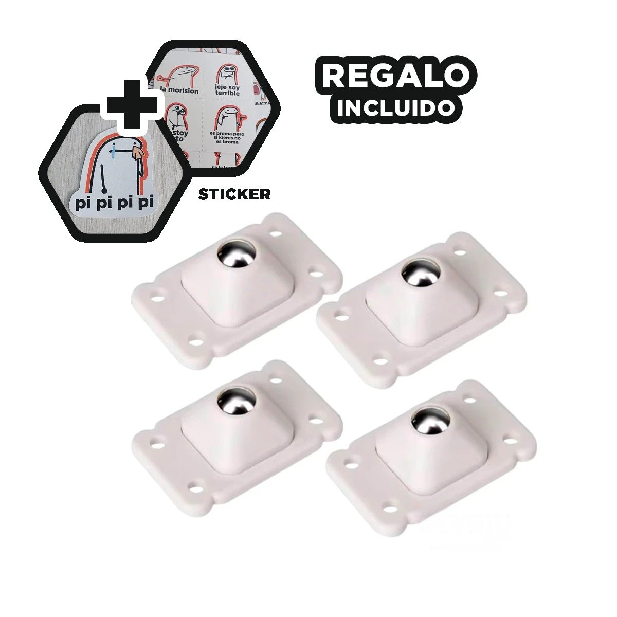 JUEGO 4 PIEZAS RUEDAS GIRATORIAS MINI BLANCO PORTATILES MULTIUSO FACIL YREGALO STICKER - 1