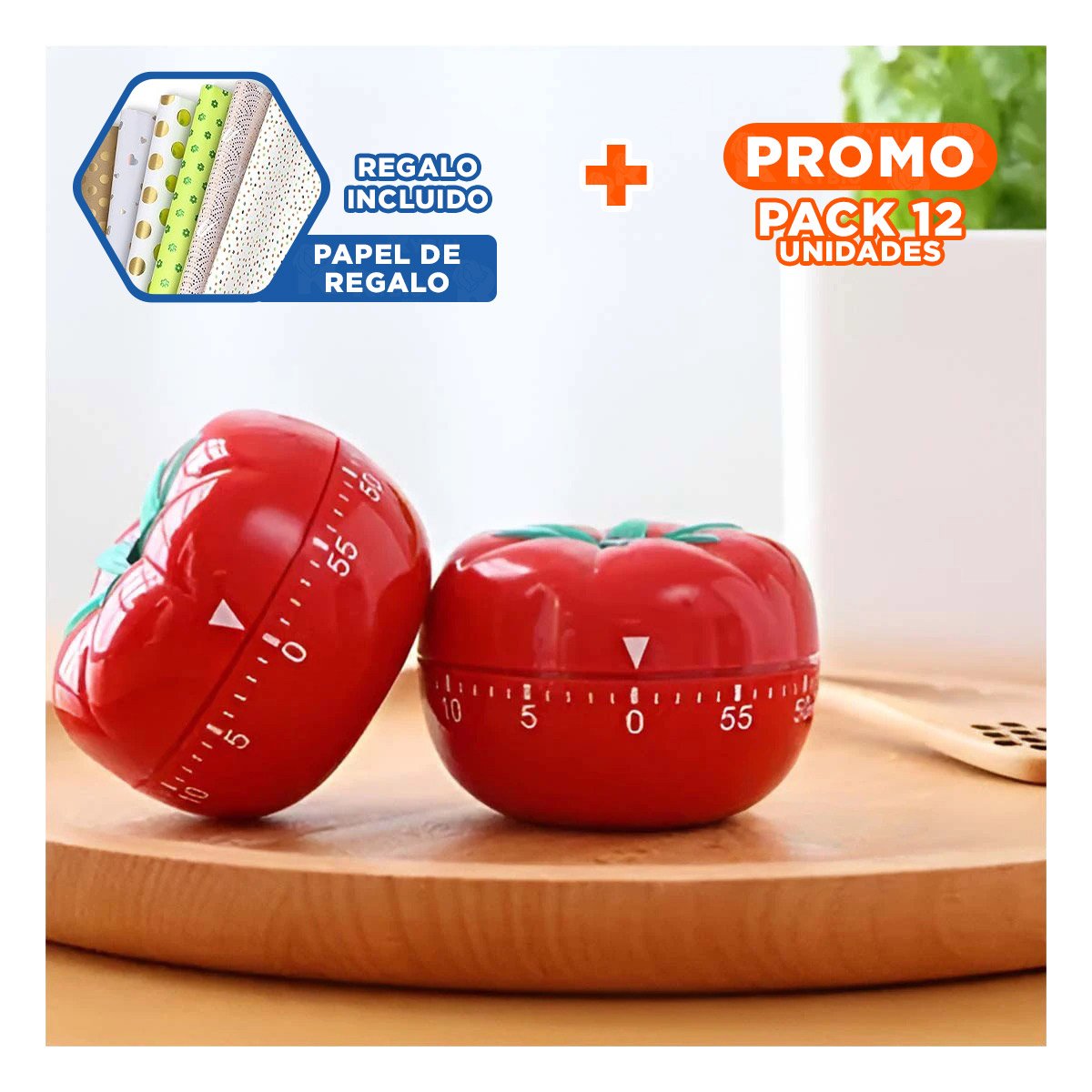 PACK12 GESTOR DE TIEMPOS TOMATE ROJO PRECISO Y FACIL DE USAR EN CASA Y+PAPEL REGALO - 1