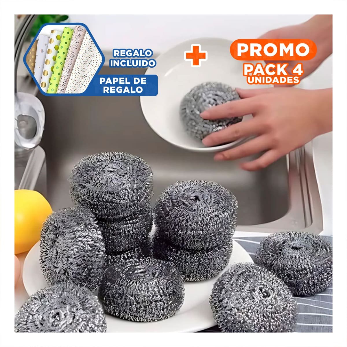 PACK4 JUEGO DE ESPONJAS METALICAS MULTIUSO PARA REMOVER GRASA Y SUCIEDAD Y+PAPEL REGALO - 1