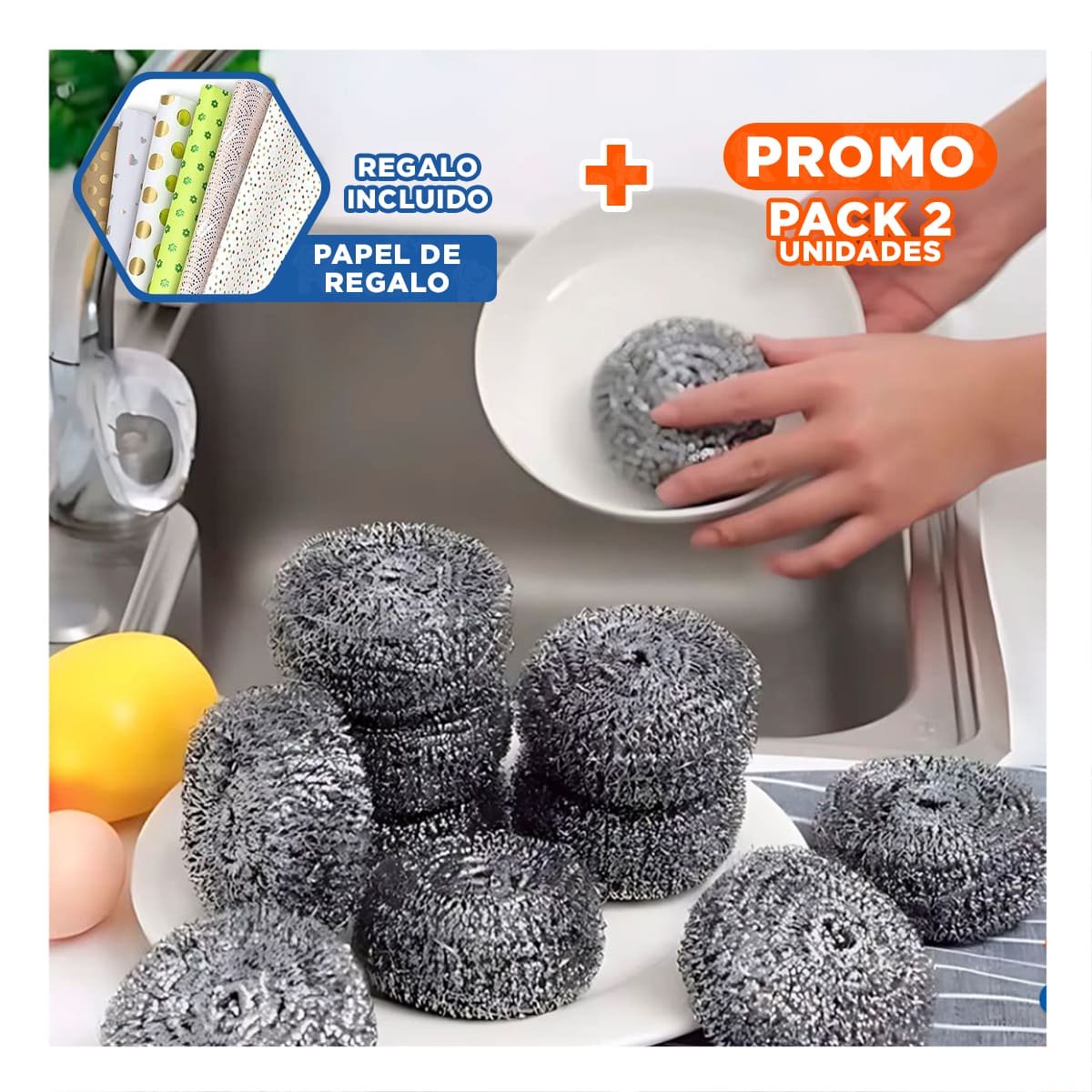 PACK2 CONJUNTO DE ESPONJAS METALICAS MULTIUSO PARA LIMPIEZA EFICAZ EN COCINA Y+PAPEL REGALO - 1