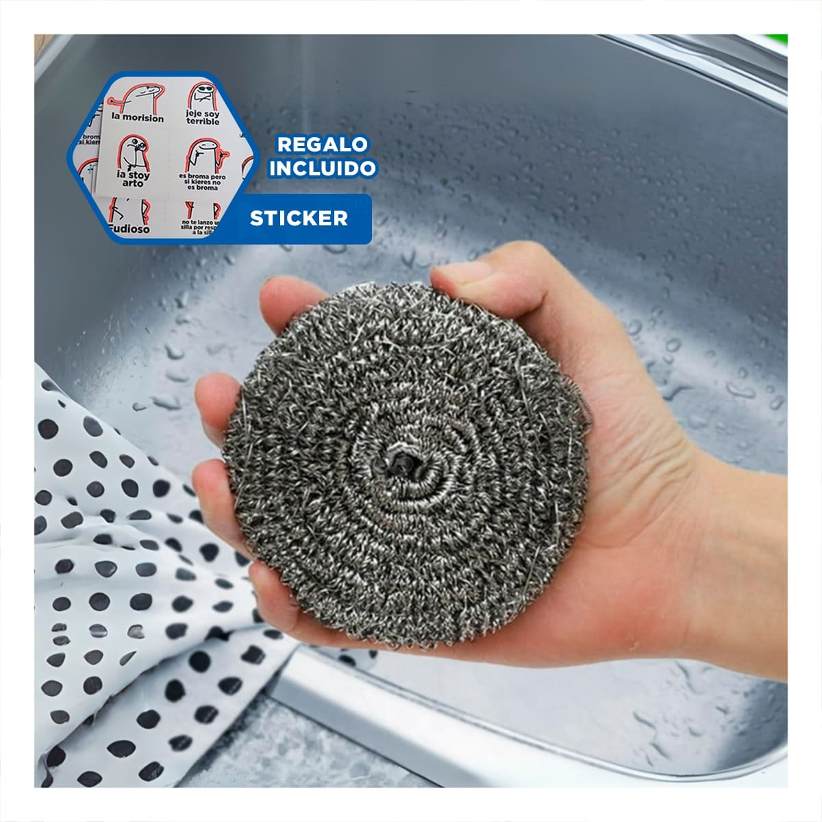PACK DE ESPONJAS METALICAS PARA USO DOMESTICO Y LIMPIEZA EFICIENTE DE OLLAS Y+REGALO STICKER - 1