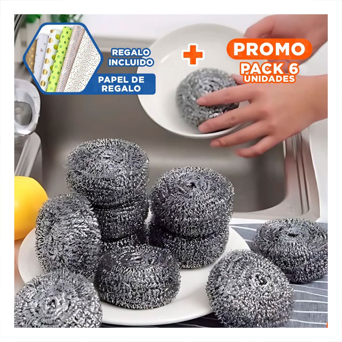 PACK6 LOTE DE ESPONJAS METALICAS PARA MANTENER COCINA Y UTENSILIOS LIMPIOS Y+PAPEL REGALO - 1