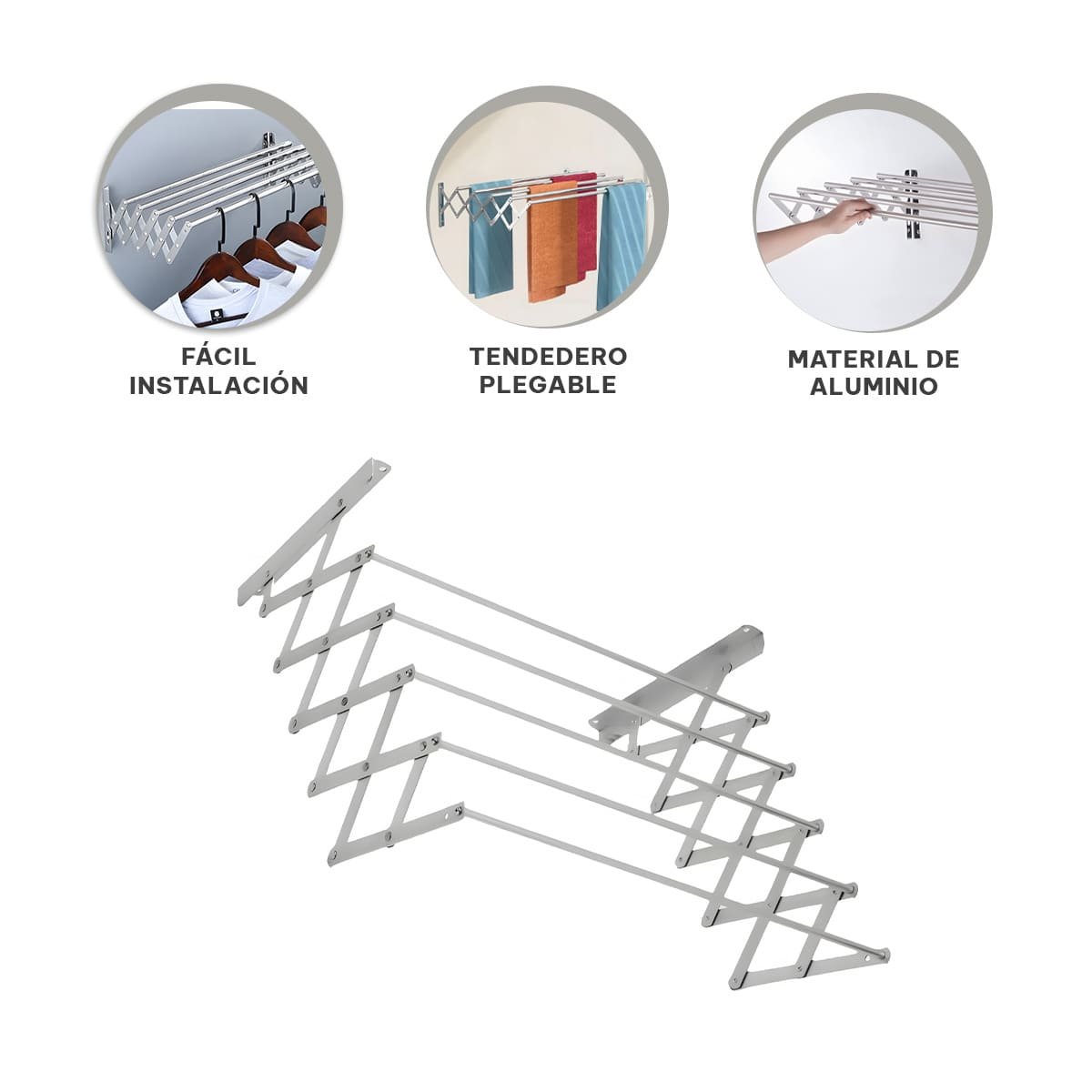 SISTEMA ACORDEON PLATEADO 5 BARRAS 80CM PARA SECADO DE ROPA EN HOGAR - 3