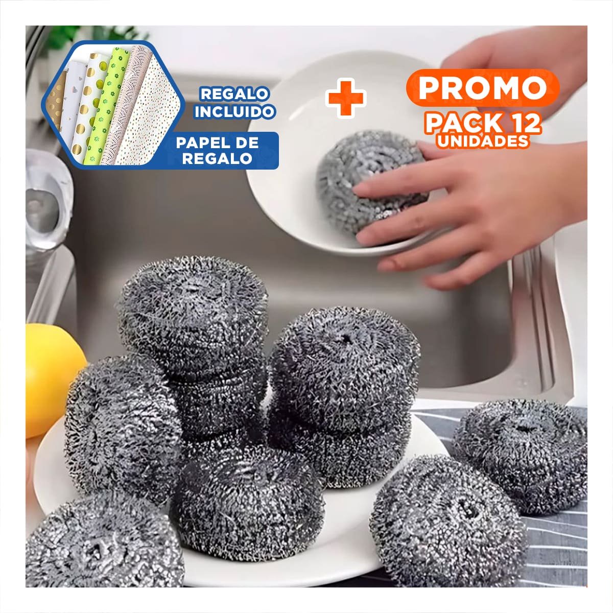 PACK12 PACK DE ESPONJAS METALICAS PARA REMOVER RESIDUOS DIFICILES DE OLLAS Y+PAPEL REGALO - 1