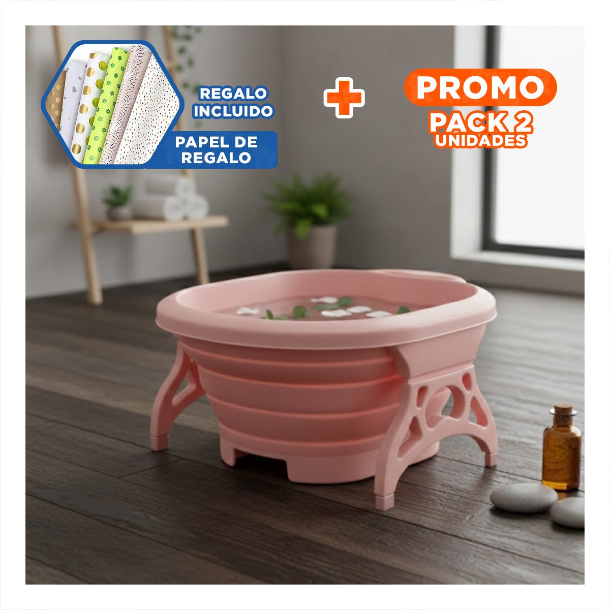 PACK2 RECIPIENTE PORTATIL CON MASAJEADOR DE PIES ROSADO CON HIDRO Y MASAJE Y+PAPEL REGALO - 1