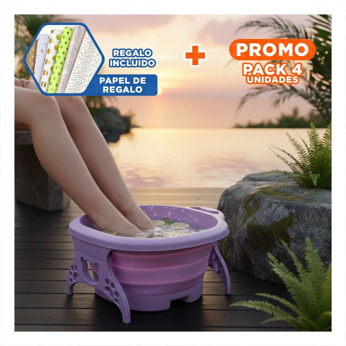 PACK4 CUENCA PORTATIL CON MASAJEADOR DE PIES MORADO FACIL DE LIMPIAR Y GUARDAR Y+PAPEL REGALO - 1