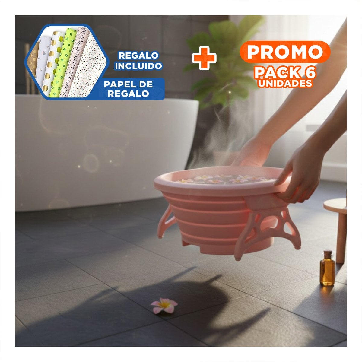 PACK6 DEPRESOR PORTATIL CON MASAJEADOR DE PIES ROSADO CON SISTEMA HIDRO Y MASAJE Y+PAPEL REGALO - 1