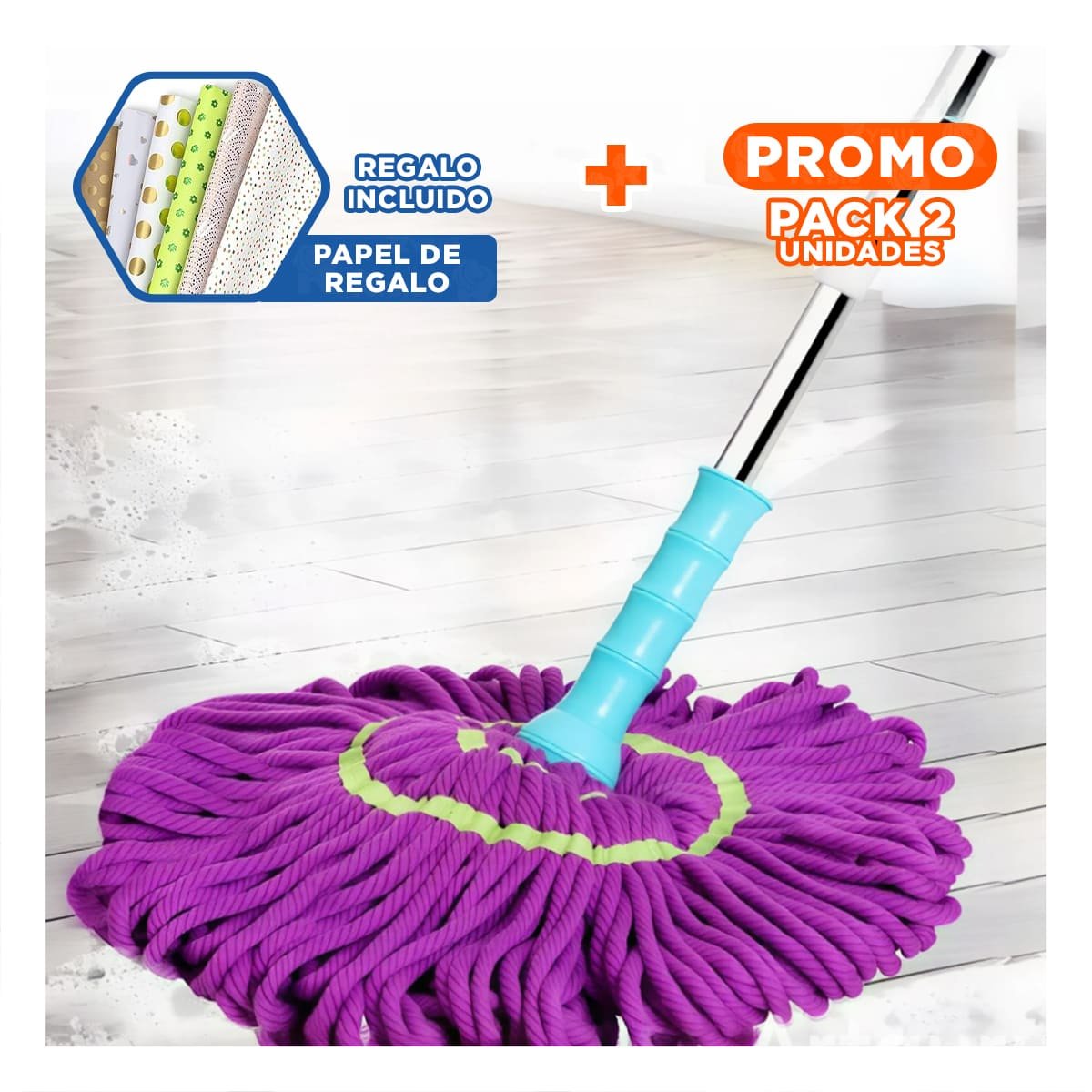 PACK2 INSTRUMENTO DE LIMPIEZA GIRATORIO CON AUTOEXPRIMIDOR Y MANGO COMODO Y+PAPEL REGALO - 1
