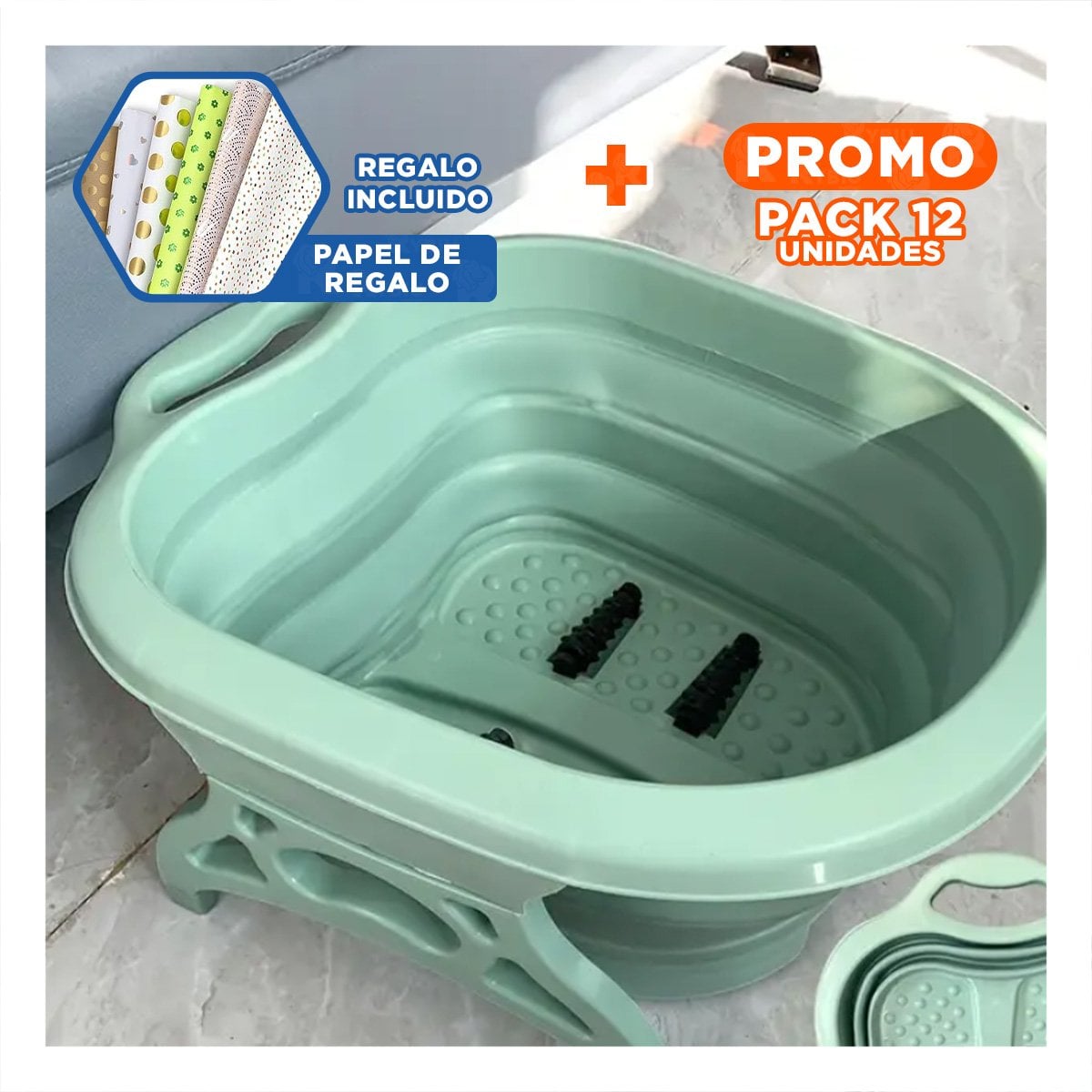 PACK12 LAVADERO PORTATIL CON MASAJEADOR DE PIES CELESTE PARA USO DIARIO EN CASA Y+PAPEL REGALO - 1