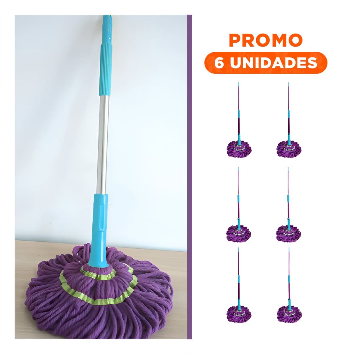 PACK6 SOPORTE DE LIMPIEZA GIRATORIO CON AUTOEXPRIMIDOR Y MANGO FUNCIONAL PARA EL HOGAR - 1