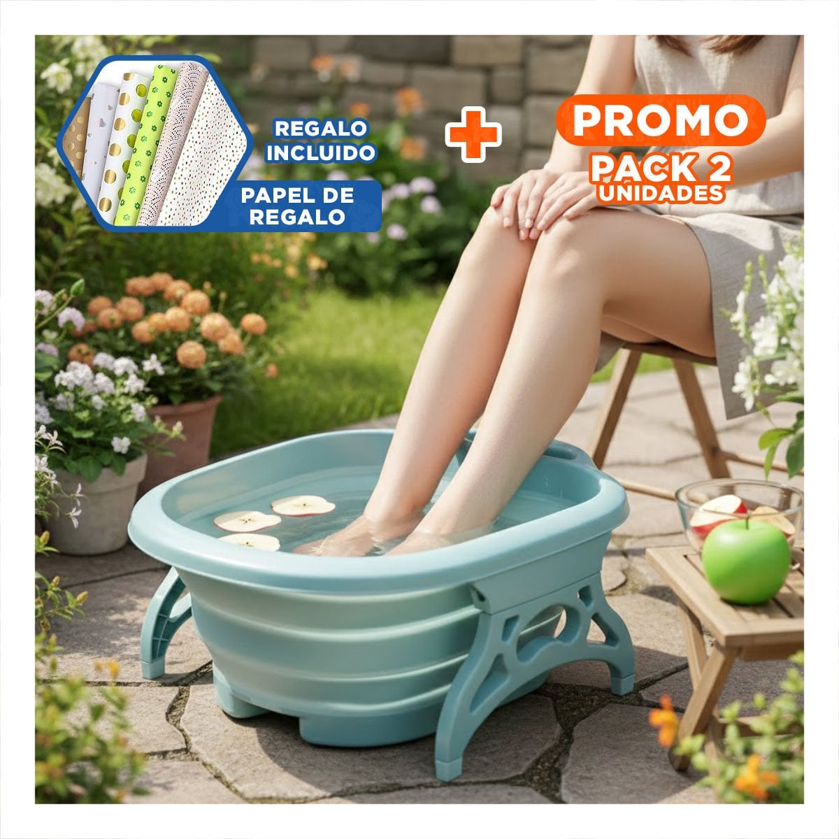 PACK2 RECIPIENTE PORTATIL CON MASAJEADOR DE PIES CELESTE CON FUNCION HIDROMASAJE YPAPEL REGALO - 1