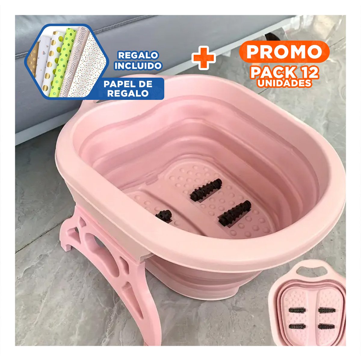 PACK12 LAVADERO PORTATIL CON MASAJEADOR DE PIES ROSADO PARA USO DIARIO EN CASA Y+PAPEL REGALO - 1