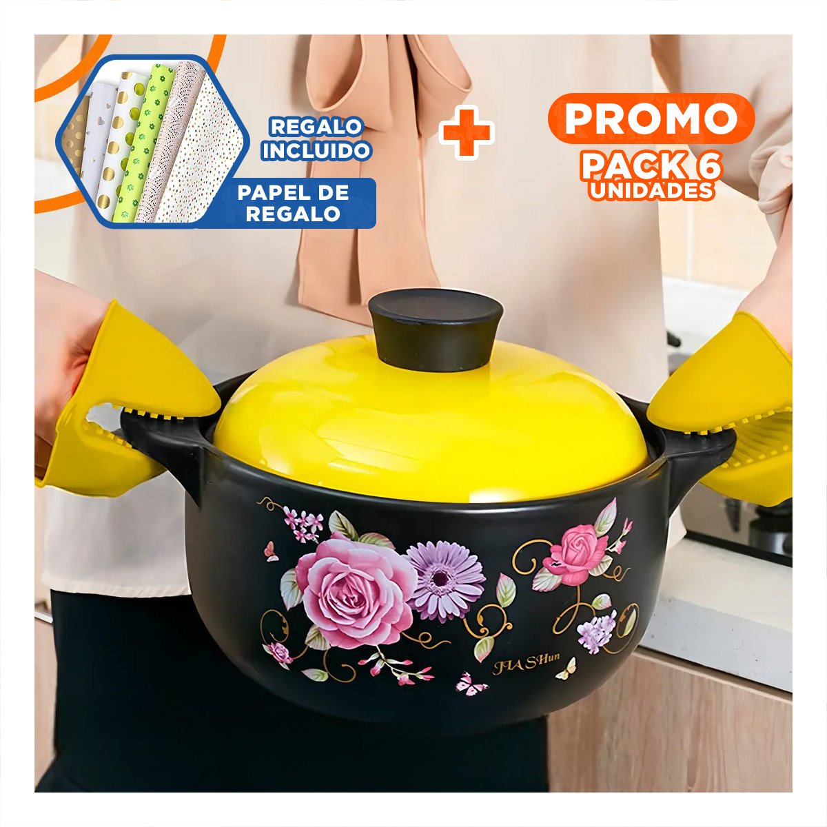 PACK6 MANOS COMODOS DE SILICONA AMARILLO PARA TAREAS DE COCINA 7,3X9,5CM Y+PAPEL REGALO - 1