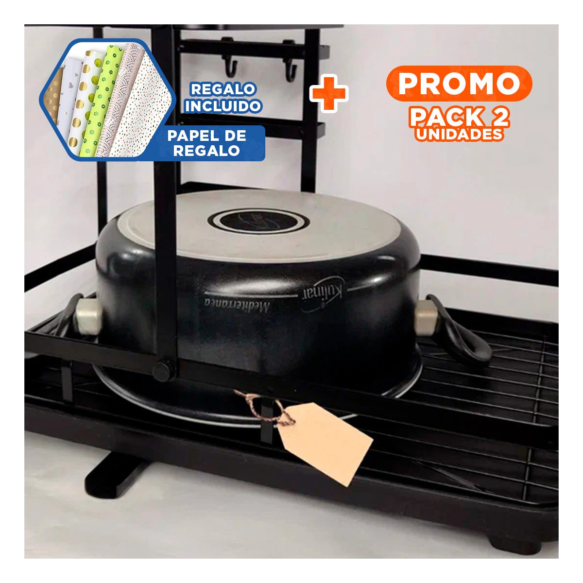 PACK2 ESCURRIDOR DE PLATOS CON SISTEMA DE DRENAJE Y SOPORTE UTENSILIOS NEGRO YPAPEL REGALO - 1
