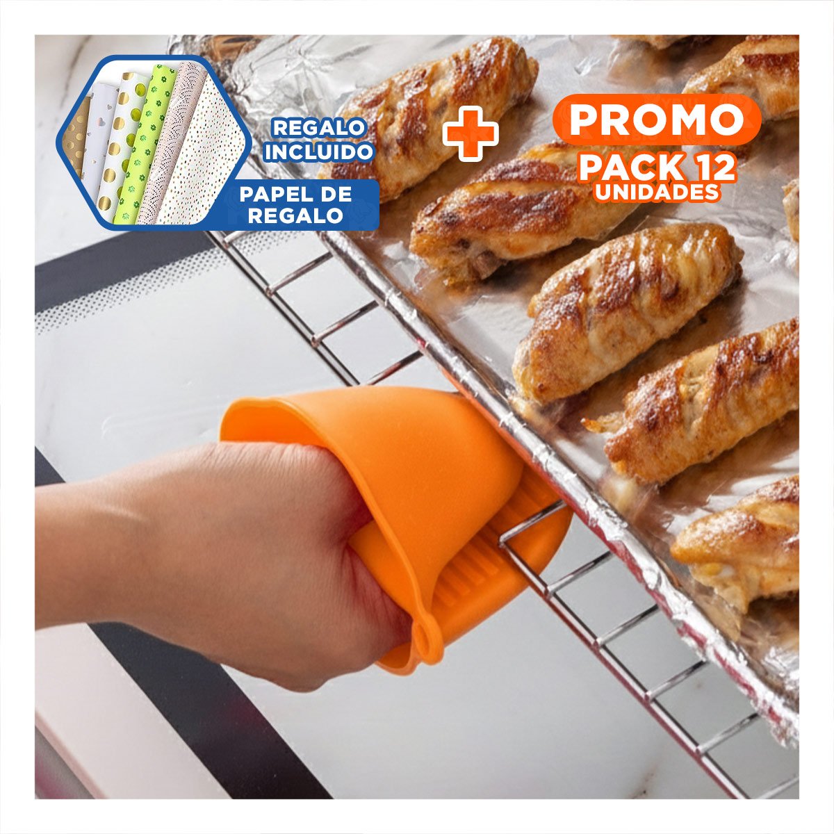 PACK12 ACCESORIOS COCINA DE SILICONA NARANJA PARA HOGAR Y COCINA 7,3X9,5CM Y+PAPEL REGALO - 1