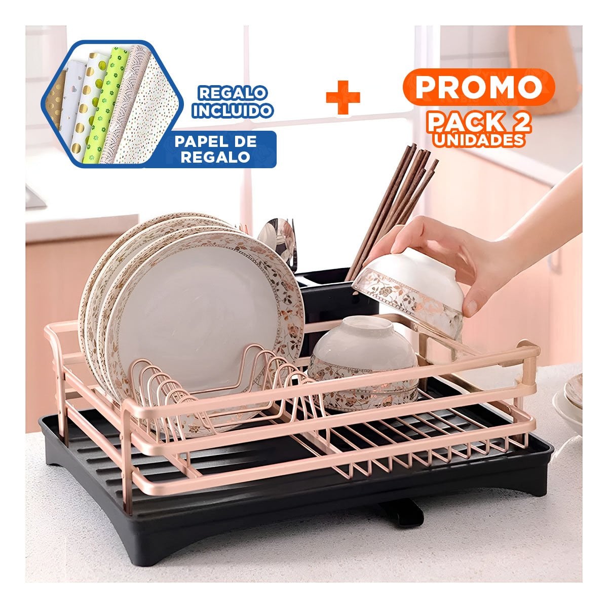 PACK2 ESCURRIDOR DE PLATOS CON DRENAJE INTEGRADO Y SOPORTE ORO ROSA YPAPEL REGALO - 1