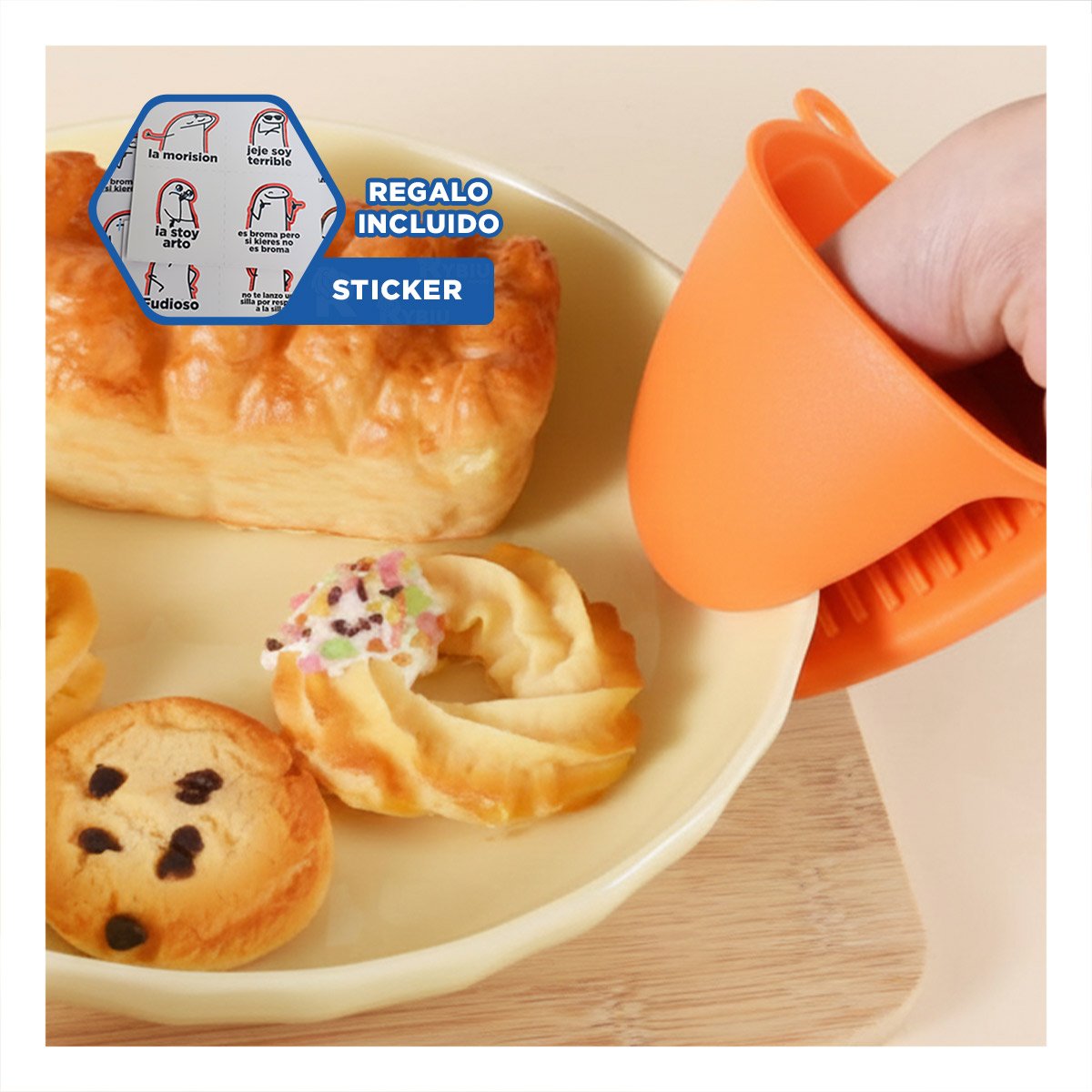 CUBIERTOS ACCESORIOS DE SILICONA NARANJA PARA MANIPULAR ALIMENTOS 7,3X9,5CM Y+REGALO STICKER - 1