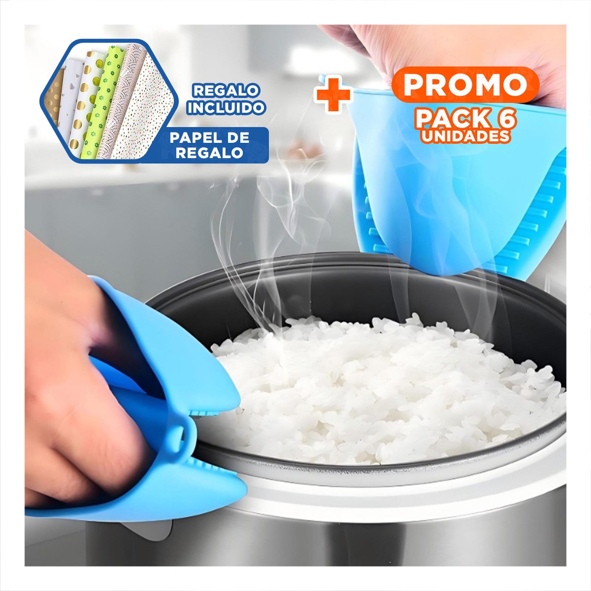 PACK6 MANOS COMODOS DE SILICONA CELESTE PARA TAREAS DE COCINA 7,3X9,5CM Y+PAPEL REGALO - 1