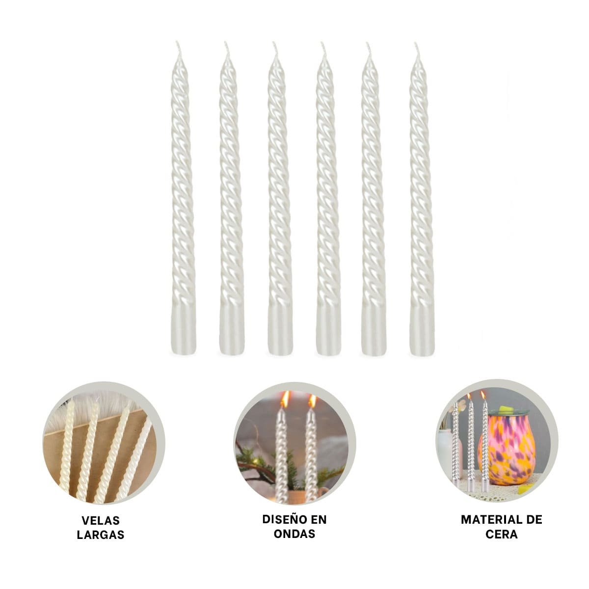 PACK6 CIRIOS LARGOS DE CERA CON ONDAS PARA DECORACION DE MESA Y ESPACIOS YREGALO STICKER - 2