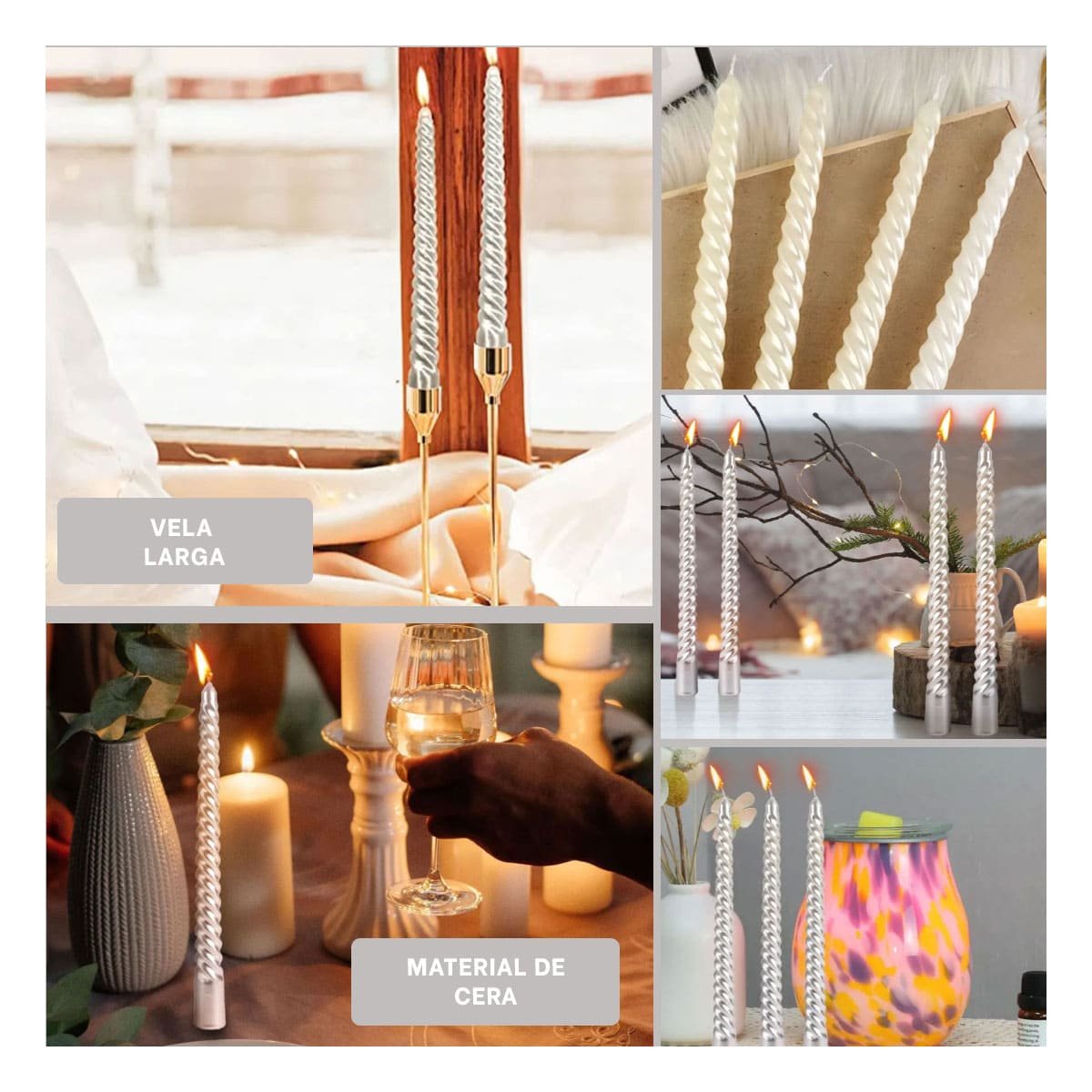 PACK6 CANDELAS LARGAS DE CERA DECORATIVA CON ONDAS PARA ESTILO HOGAR Y+PAPEL REGALO - 3