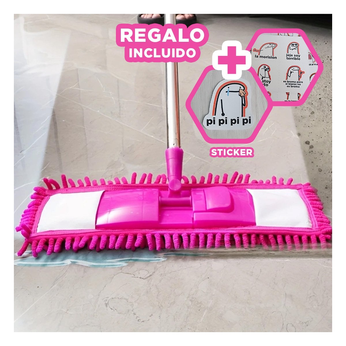 MOPA RECTANGULAR DE MICROFIBRA FUCSIA SUAVE Y RESISTENTE PARA PISOS Y+REGALO STICKER - 1