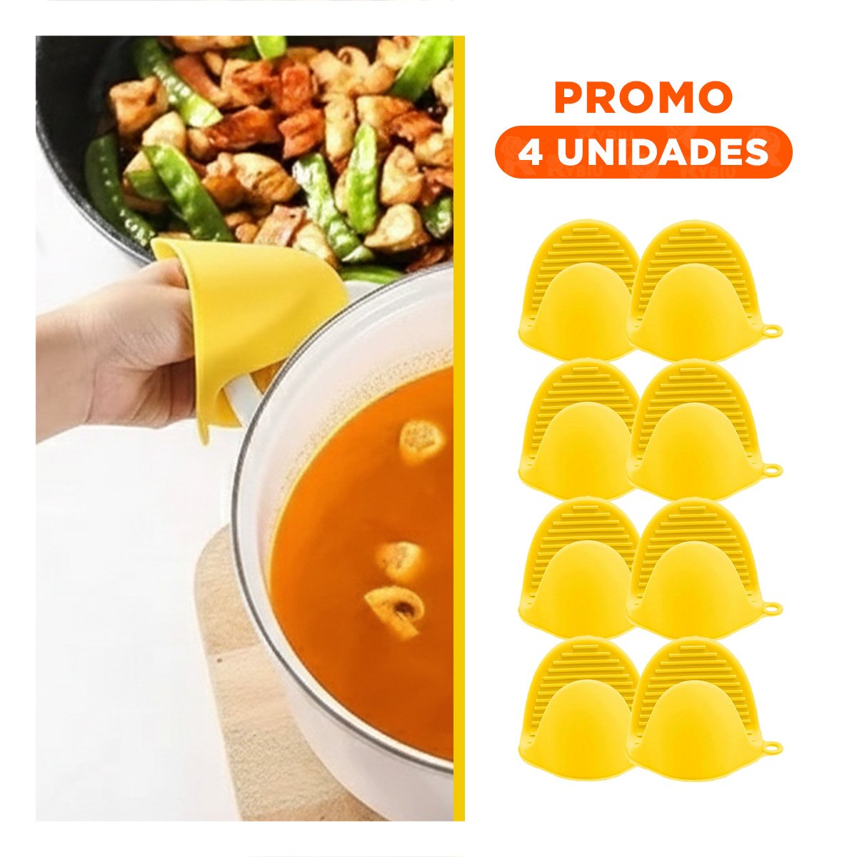 PACK4 MANOS CUBIERTOS DE SILICONA AMARILLO PARA PREPARAR ALIMENTOS 7,3X9,5CM Y+REGALO STICKER - 1