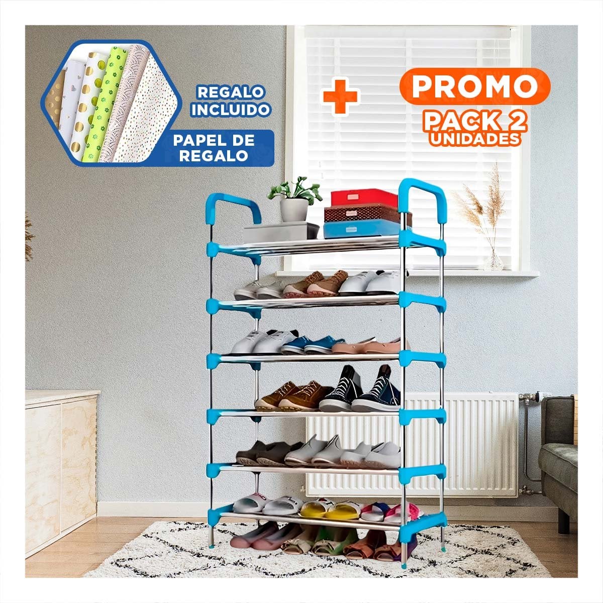PACK2 ALMACENADOR VERTICAL 6 NIVELES ESTRUCTURA FIRME PARA HOGAR TONO CELESTE YPAPEL REGALO - 1