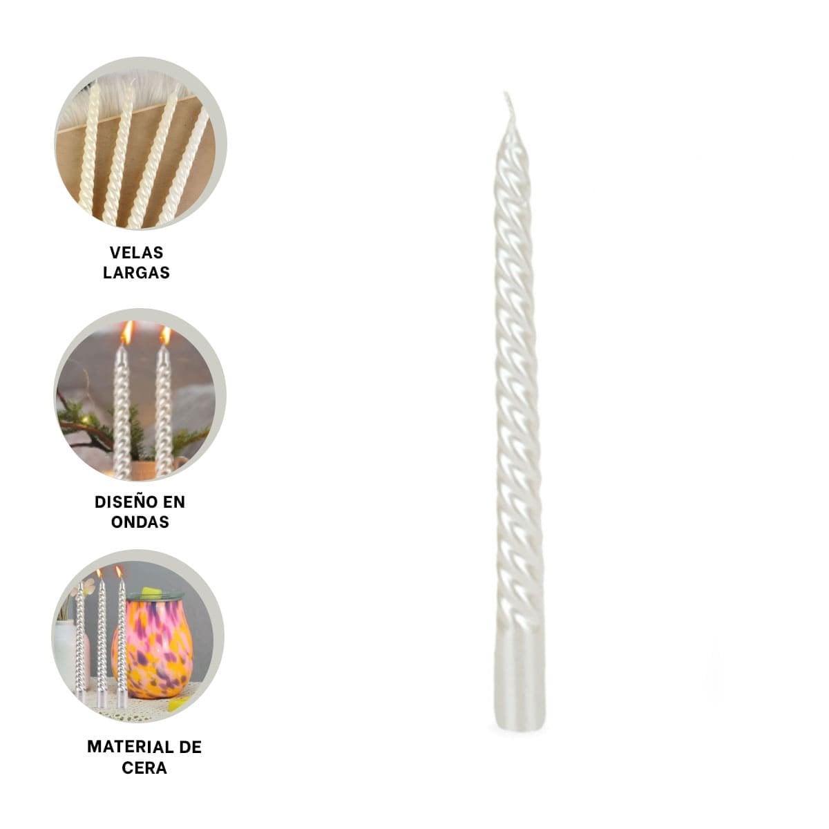VELONES LARGOS DE CERA CON ONDAS PARA DECORACION DE MESA Y ESPACIOS DEL HOGAR - 3