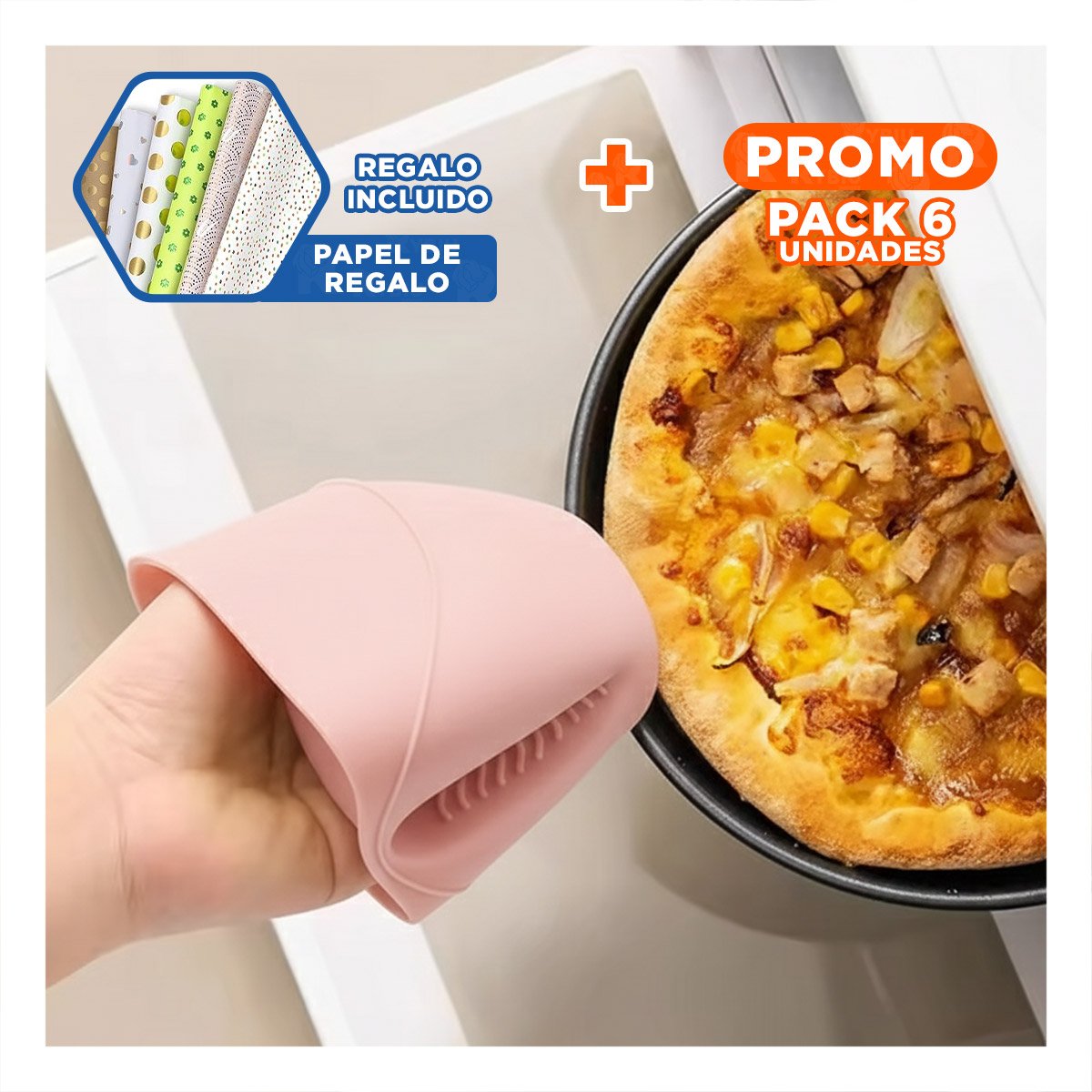 PACK6 MANOS COMODOS DE SILICONA ROSADO PARA TAREAS DE COCINA 7,3X9,5CM Y+PAPEL REGALO - 1