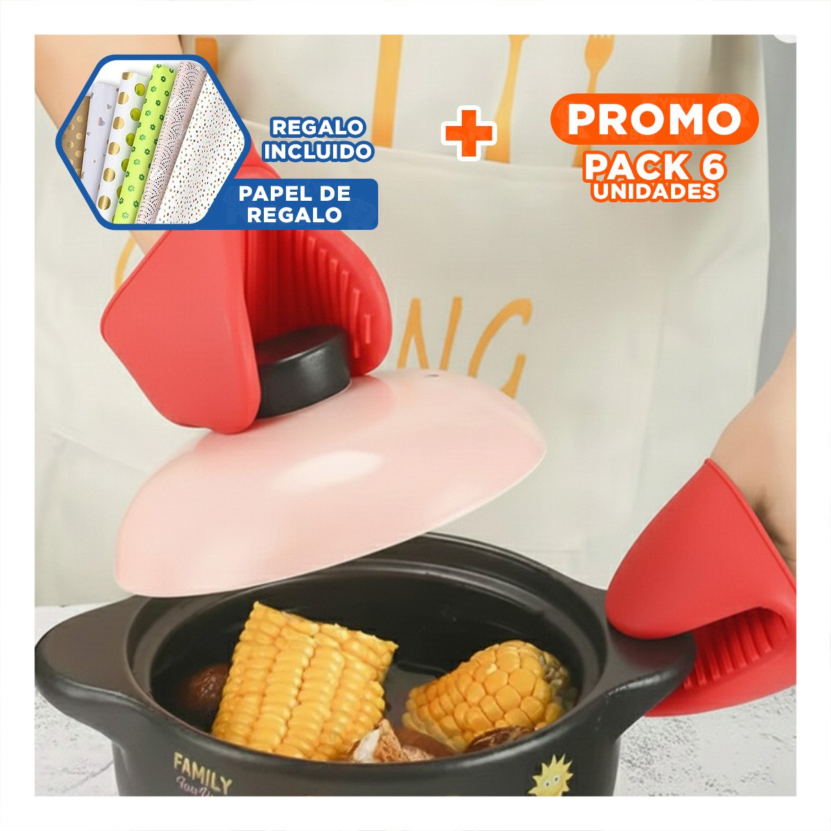 PACK6 MANOS COMODOS DE SILICONA ROJO PARA TAREAS DE COCINA 7,3X9,5CM Y+PAPEL REGALO - 1