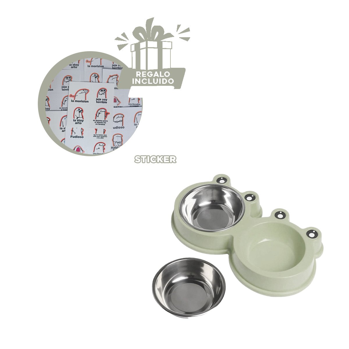 SOPORTE PLATO DOBLE DESMONTABLE RANA PARA ALIMENTACION DE MASCOTA Y+REGALO STICKER - 1