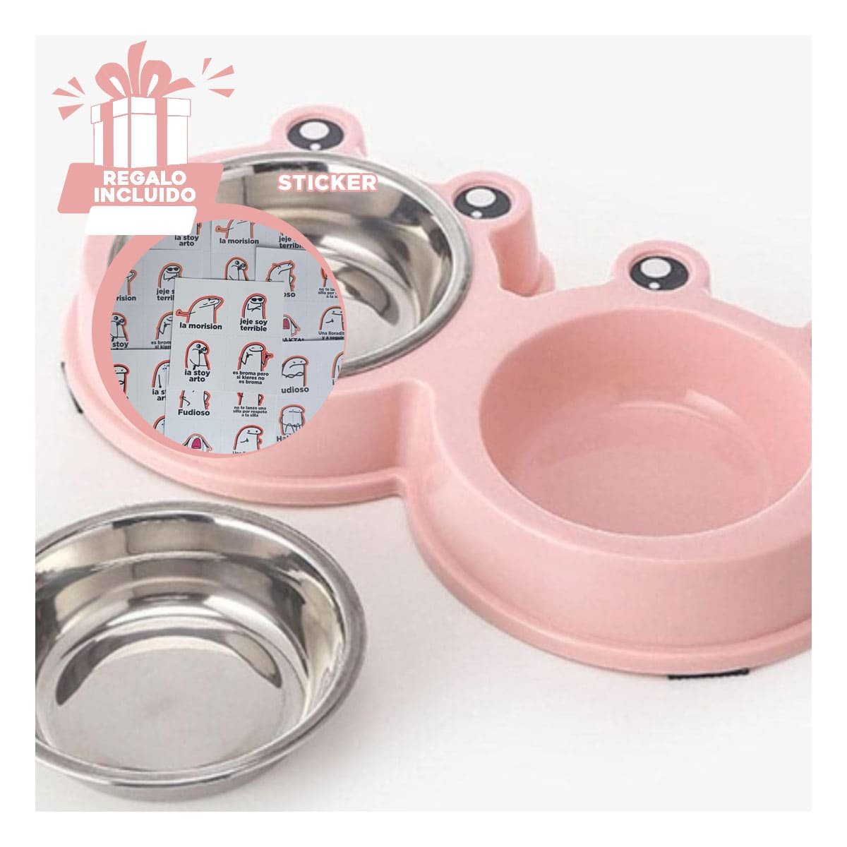 SOPORTE DOBLE DESMONTABLE RANA ROSADO PASTEL PARA MASCOTA EN HOGAR Y+REGALO STICKER - 1