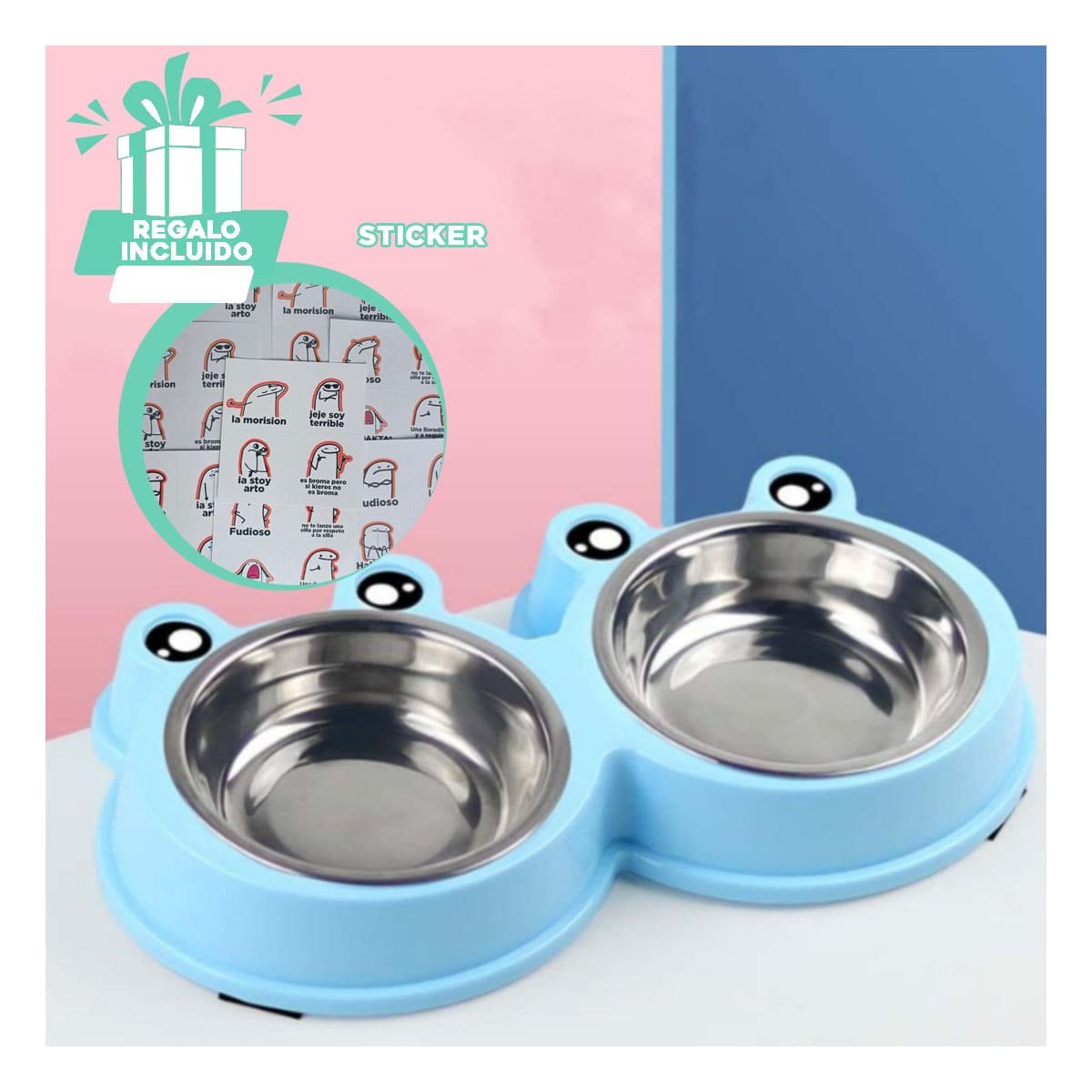 SOPORTE PLATO DOBLE DESMONTABLE RANA PARA ALIMENTACION MASCOTA Y+REGALO STICKER - 1