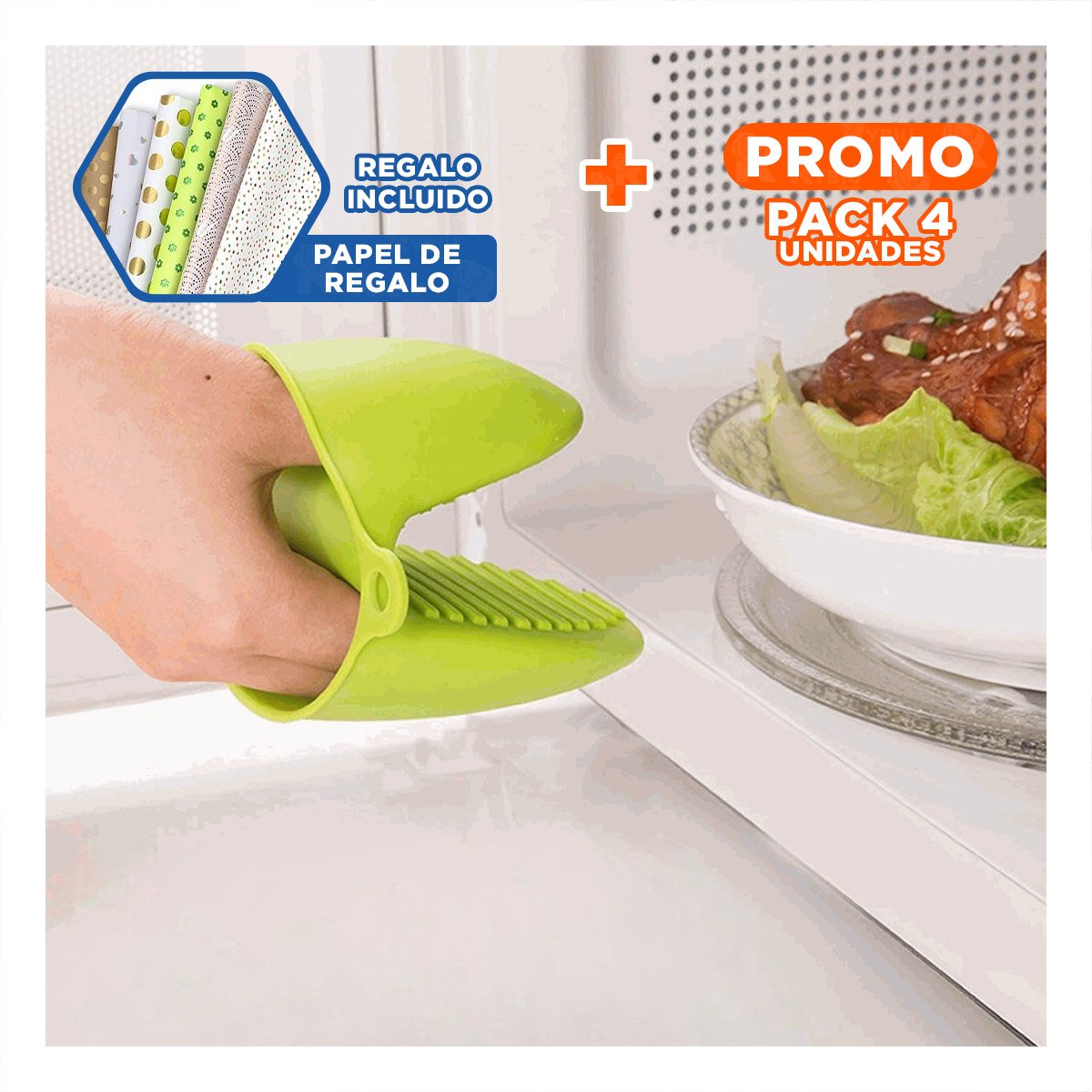 PACK4 MANOS PROTECTORES DE SILICONA VERDE PARA USO DIARIO EN CASA 7,3X9,5CM Y+PAPEL REGALO - 1