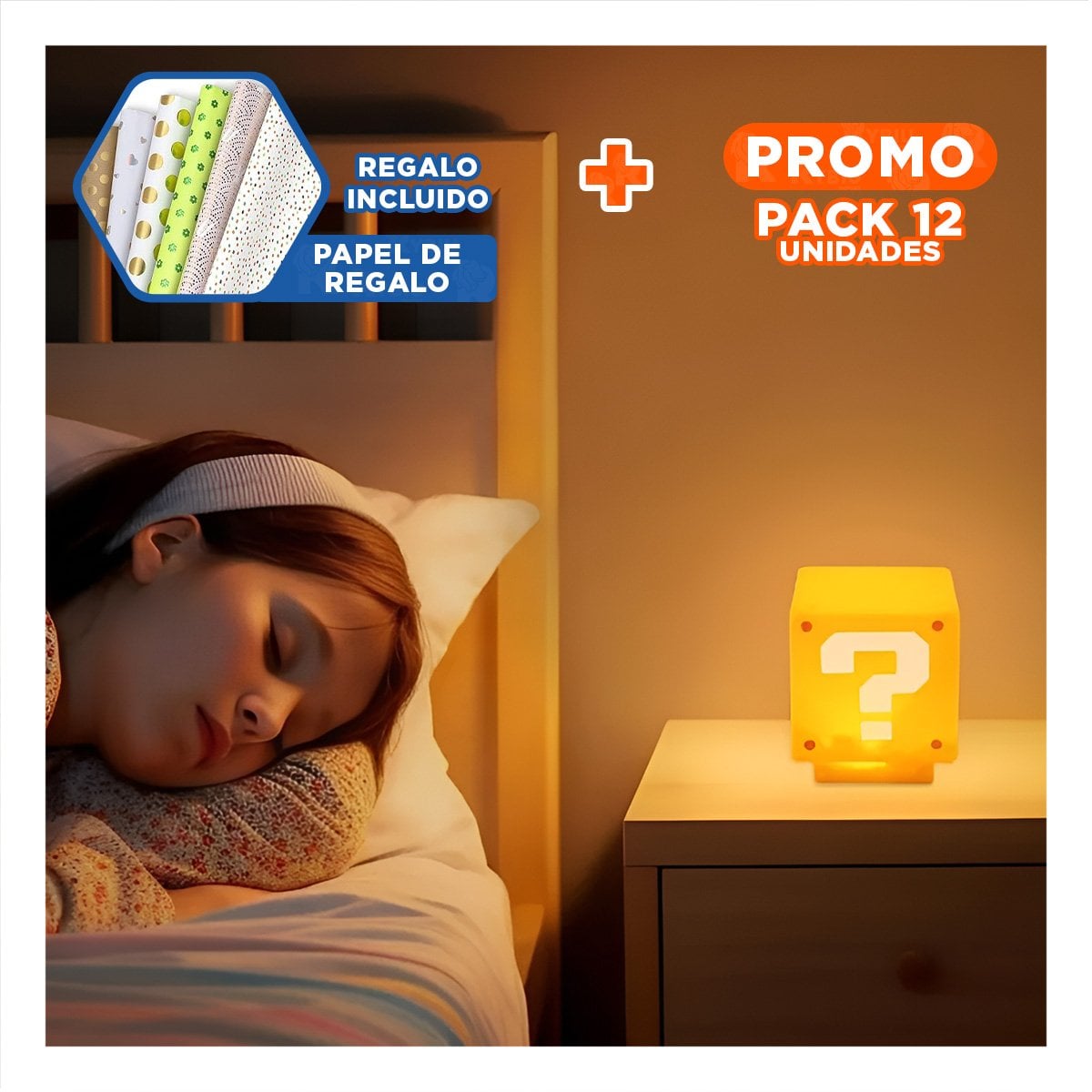 PACK12 CUBO LED CON SONIDO Y COLOR AMARILLO DE PERSONAJE DE VIDEOJUEGO Y+PAPEL REGALO - 1